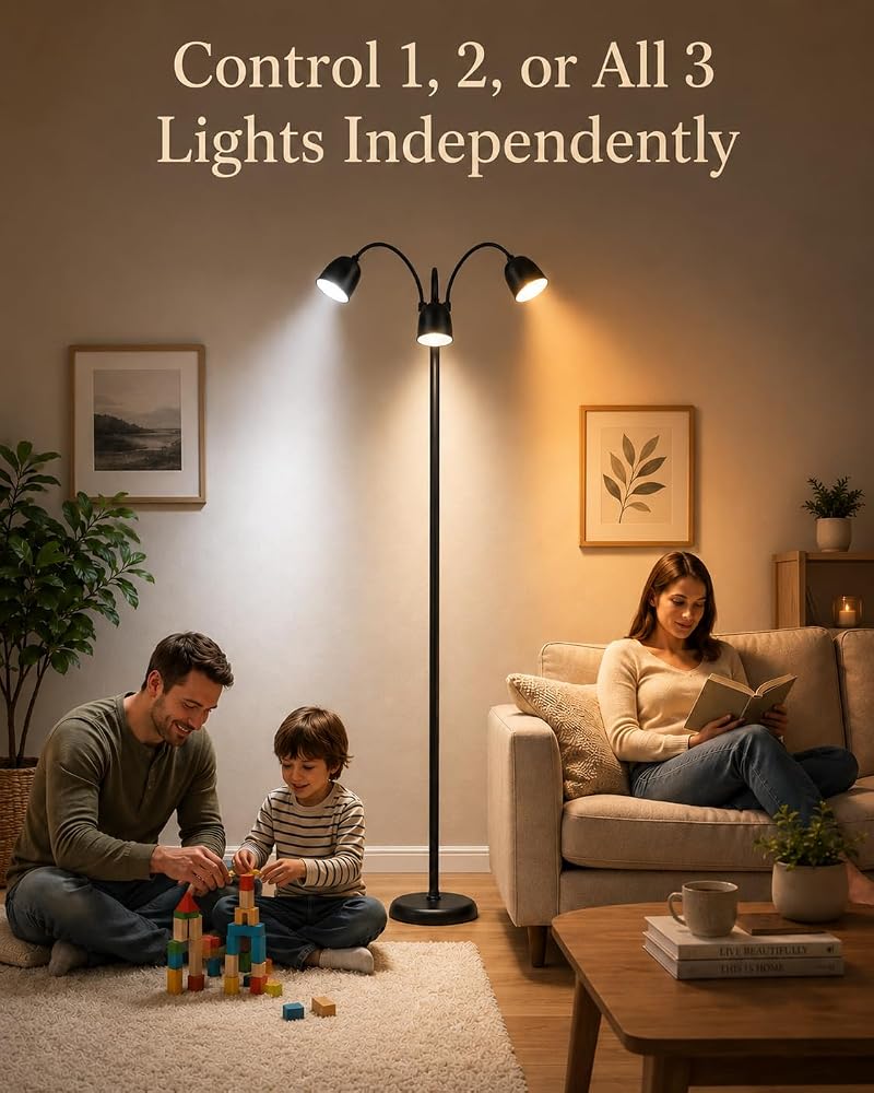Ultra-Warm 1700K 3-Head Floor Lamp with Remote, 80.7” Tall, Stepless Dimming & Memory