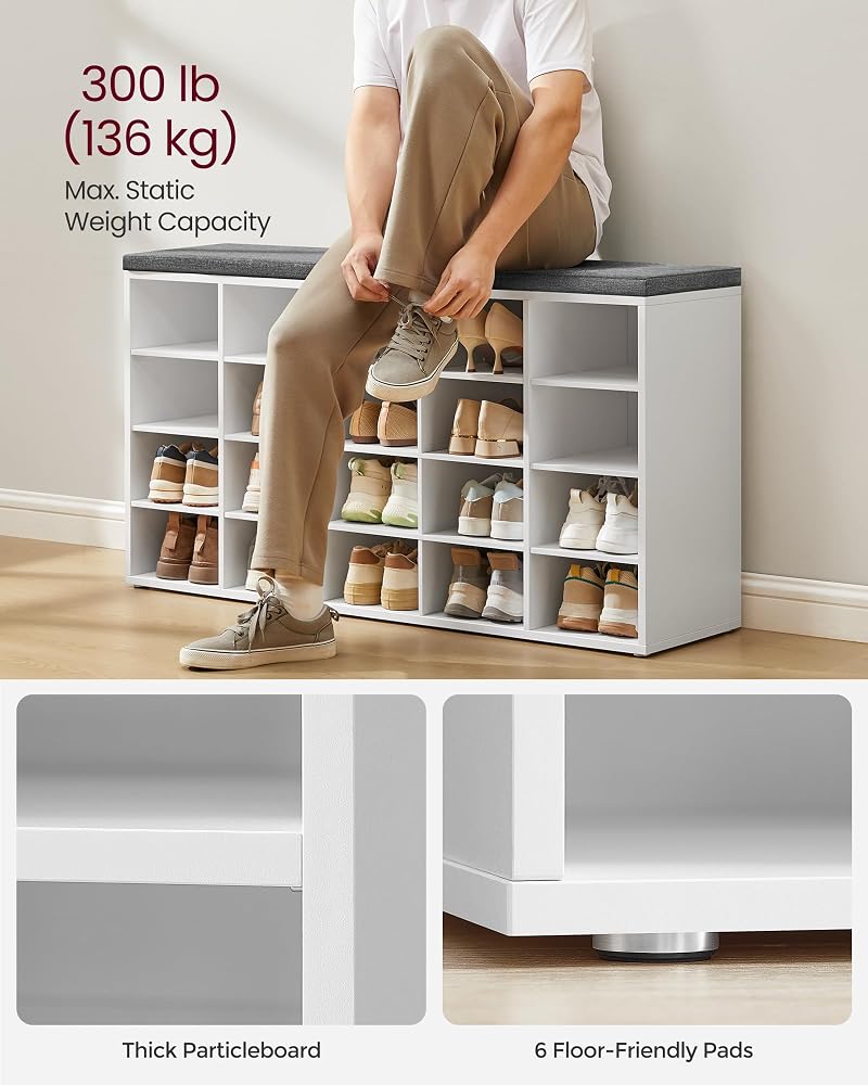 Shoe Bench with Cushion - 20 Cubby Compartments, 12 x 47.2 x 24.7 Inches (Cloud White + Dove Gray)