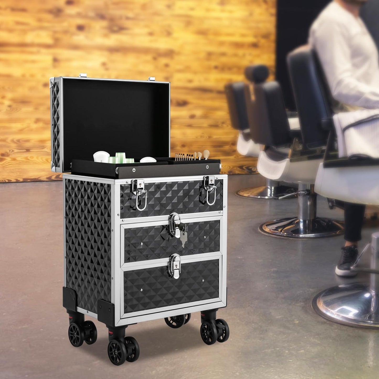 Professional Rolling Makeup Case, Cosmetic Organizer with Sliding Drawers, Makeup Case with 360° Rotatable Wheels