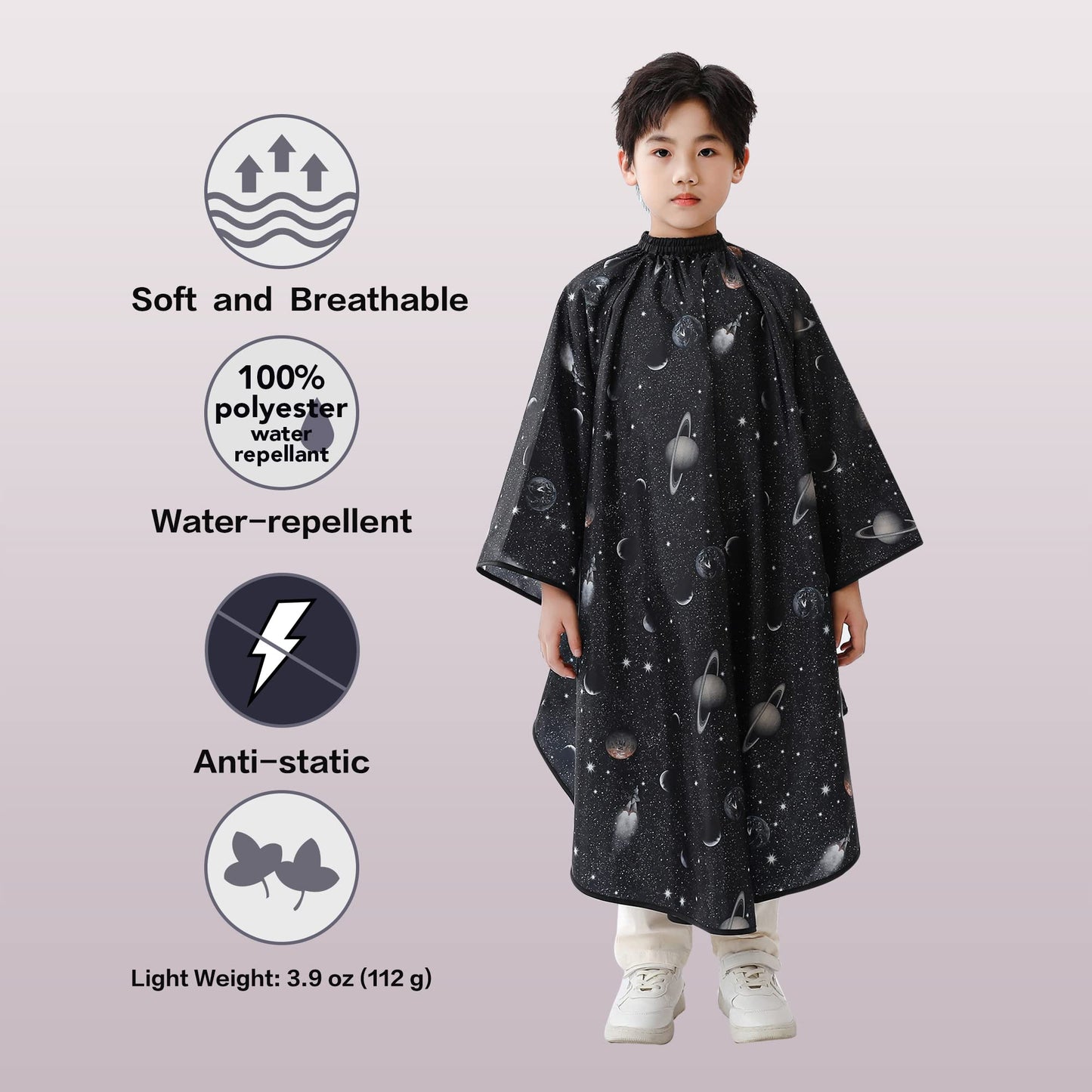 Kids Hair Cutting Cape with Sleeves, Kids Barber Cape Haircut Cape for Boy & Girls, Professional Salon or Home Hair Cut Cape-Black Space Printing