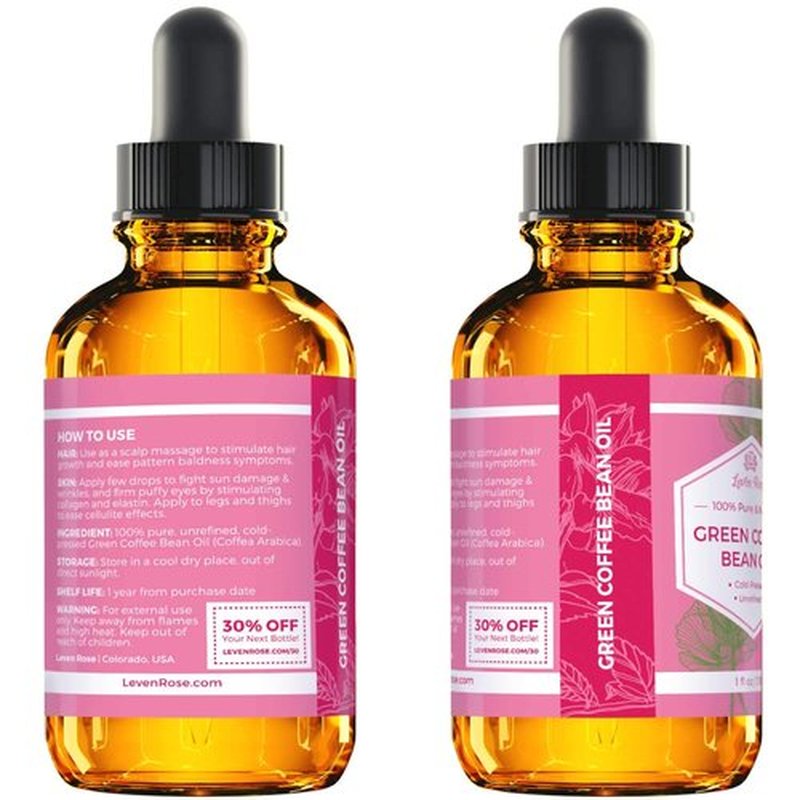 Leven Rose Green Coffee Bean Oil 100% Natural Pure Cold Pressed Unrefined Coffeebean Oil For Around Eyes, Face, Nails, Skin, And Hair- 1 oz Bottle (1 ounce)