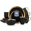 Stone Lain Florian Black & Gold 16-Piece Porcelain Dinnerware Set for 4 - Includes Plates, Bowls & Mugs