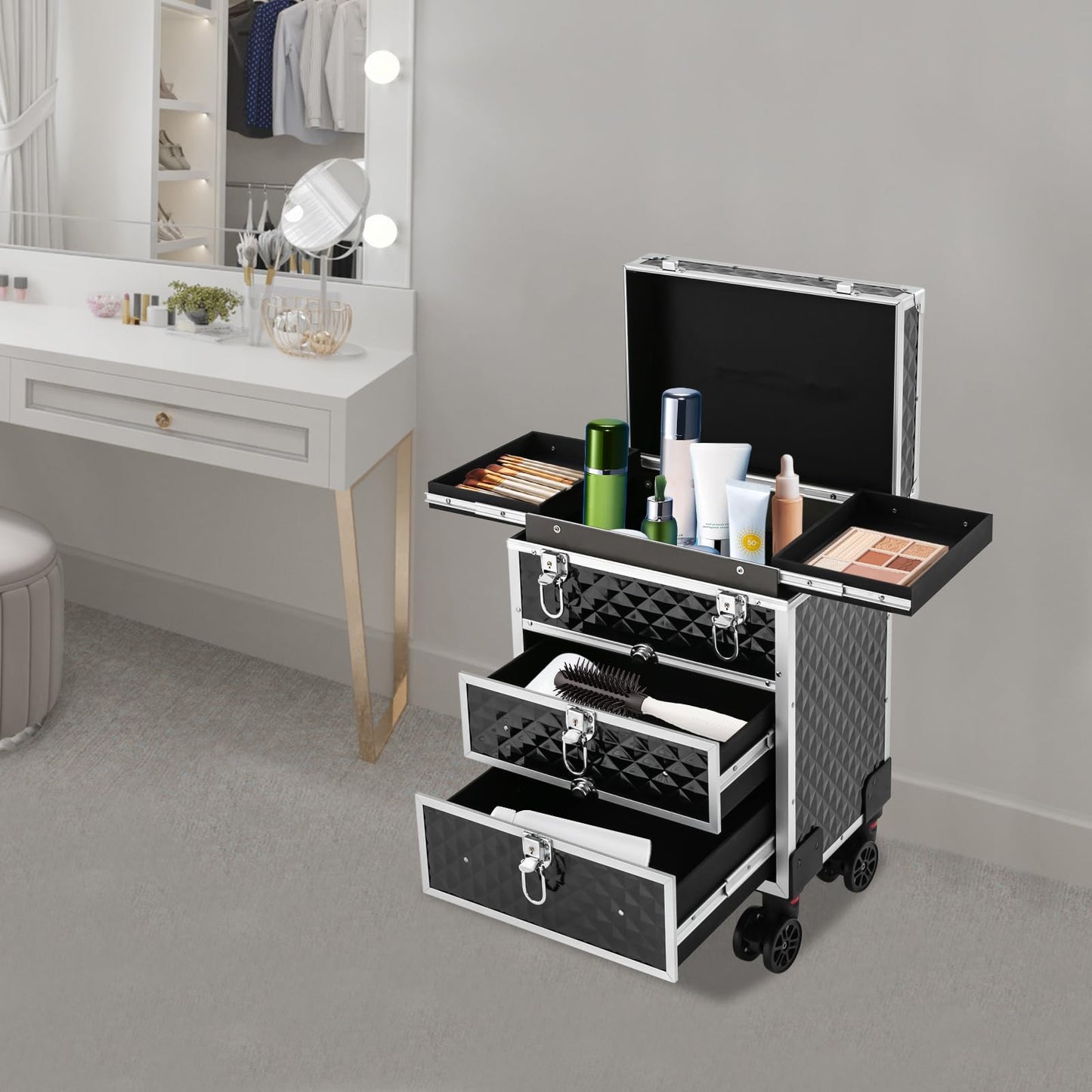 Professional Rolling Makeup Case, Cosmetic Organizer with Sliding Drawers, Makeup Case with 360° Rotatable Wheels