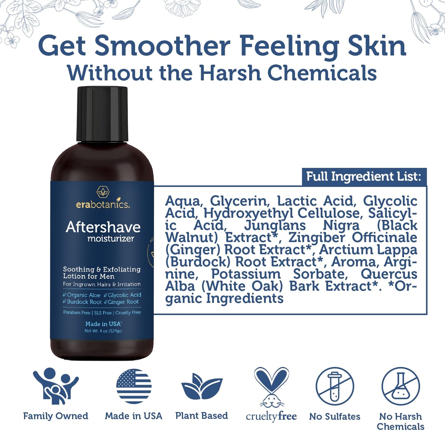 Era Organics Aftershave for Men - Soothing and Moisturizing After Shave Lotion - Made in the USA - Exfoliating Ingrown Hair Serum for Bumps or Irritation with Ginger Root plus Burdock Root