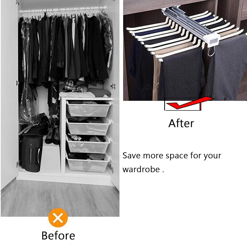 Beige 22-Pair Pull-Out Pants Rack, 33lb Capacity, Steel Clothes Organizer
