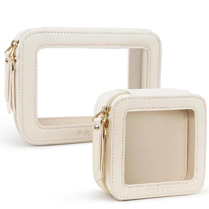 Prite Clear Cosmetic Bag Set - Travel Toiletry Case for Women, Beige - Mini & Standard