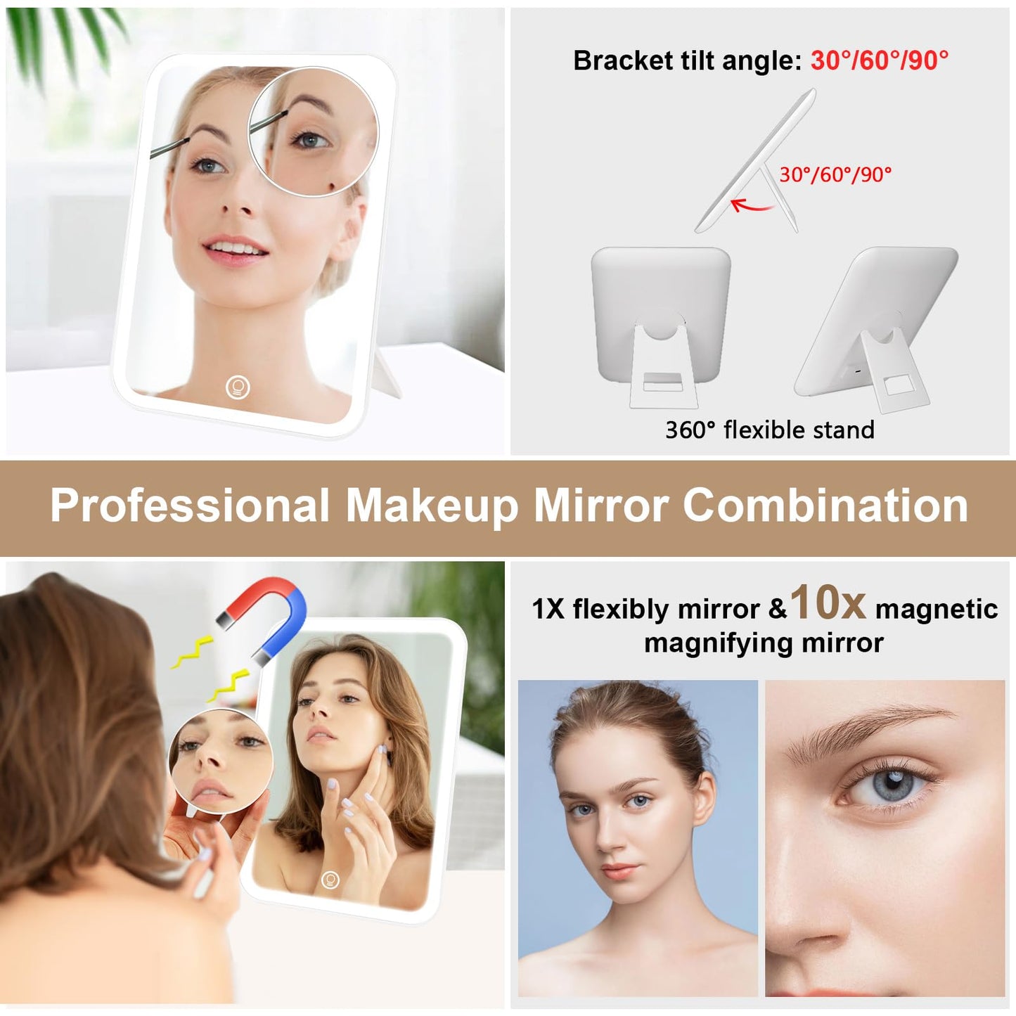 PEEH Makeup Bag with Lighted Mirror, Travel Make up Train Case with Adjustable Brightness Vanity Mirror and Detachable 10x Magnifying Mirror (Grey Clover)