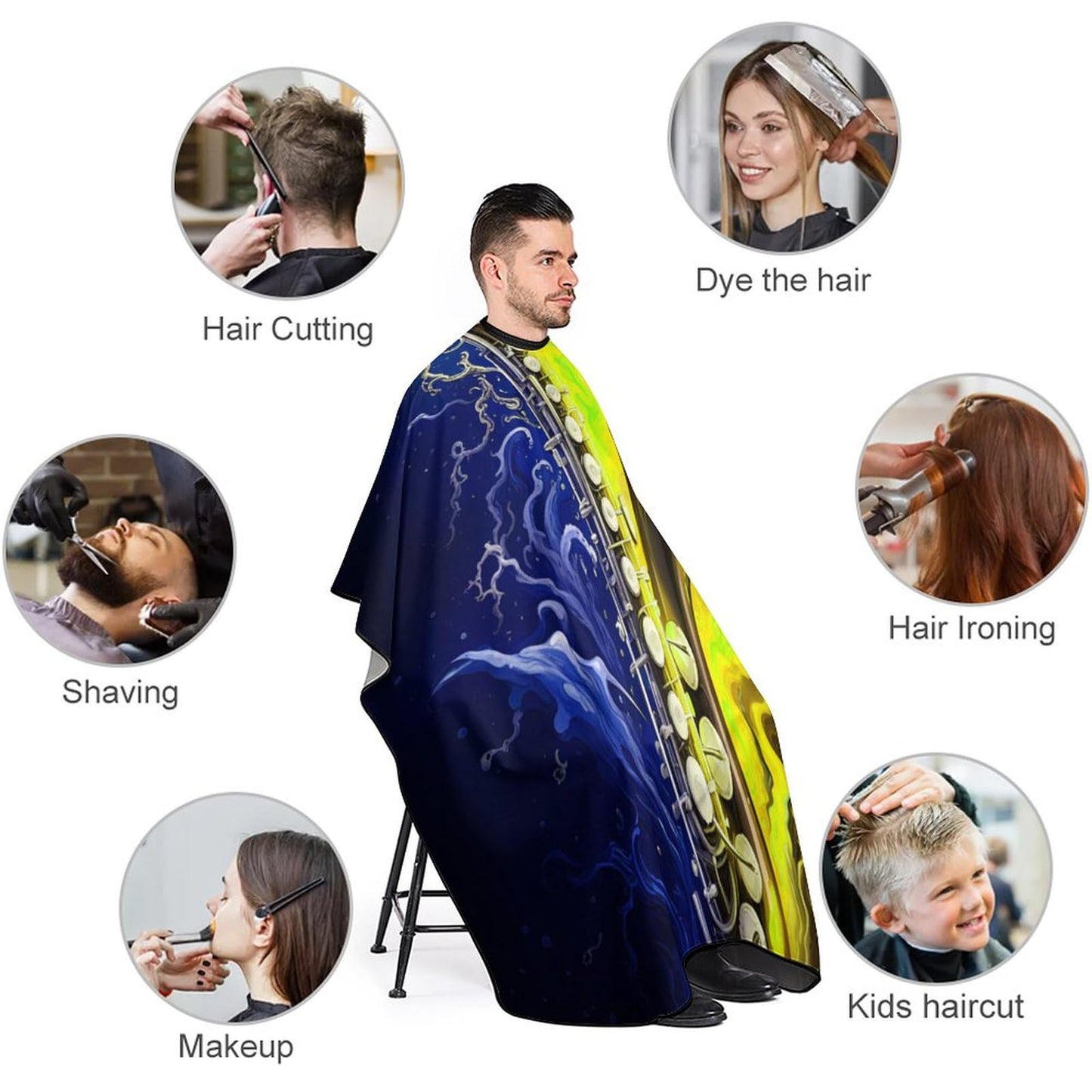 Extra Long Professional Salon Cape - Saxophone in Fire and Water Art Apron Haircuting Salon Cape Gown for Hair Cutting & Styling