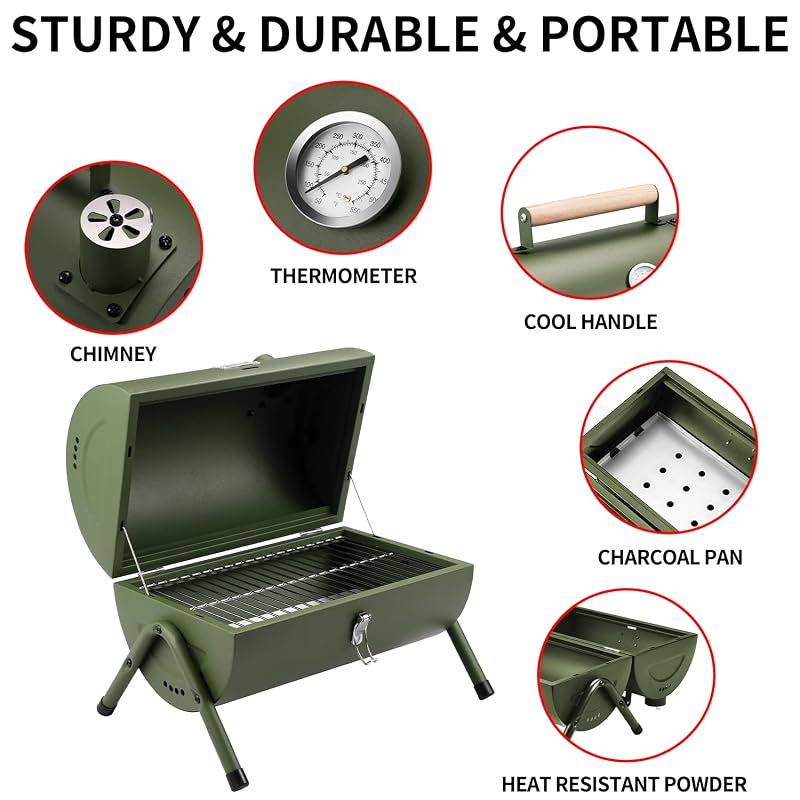 Portable Charcoal Grill for Outdoor BBQ - Green DNKMOR, Tabletop Smoker