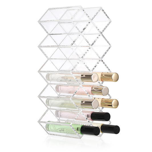 ELLDOO Rollerball Perfume Organizer, 14 Spaces Clear Acrylic Perfume Storage Holder Beauty Scent Holder, Stackable Makeup Lipgloss Lipstick Display Case Lip Gloss Storage Stand