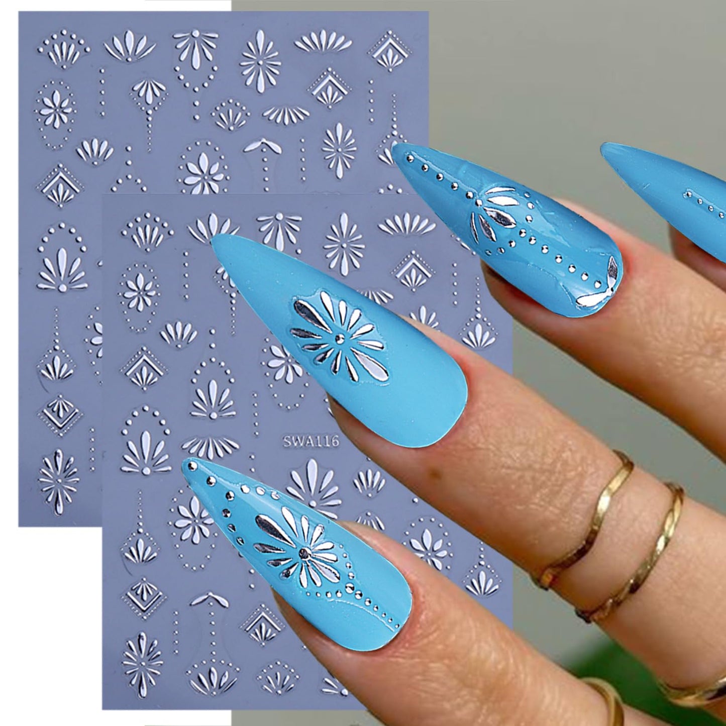 6 Sheets Bohemia Nail Stickers for Nail Art 3D Self-Adhesive Flower Nail Art Stickers Blue Silver Gold Flowers Nail Decals Bohemian Style Nail Design for Women DIY Nails Decoration Supplies