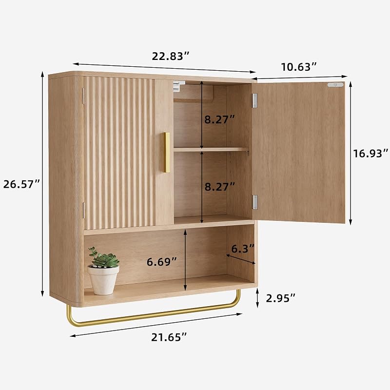 Natural Wood Bathroom Wall Cabinet with Fluted Door, 5-Level Adjustable Shelf