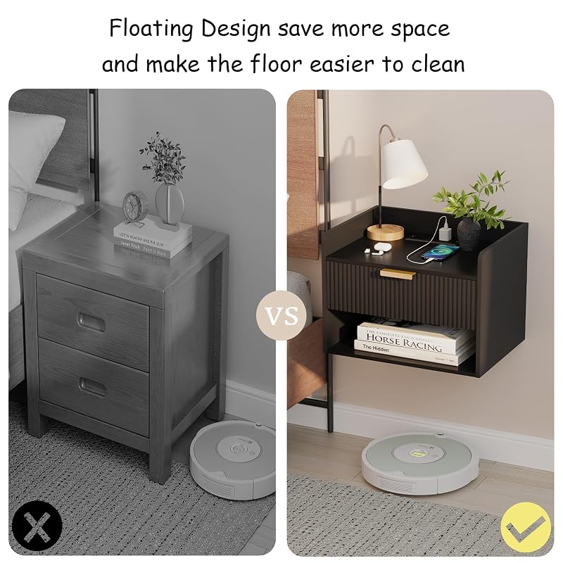 Floating Nightstand Set with Charging Station - 2 Pack, Black