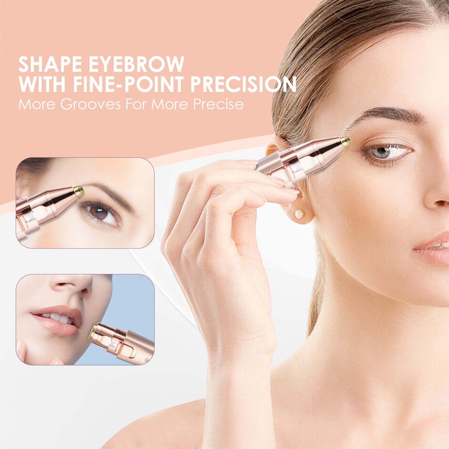 VG VOGCREST Eyebrow Facial Trimmer: 2 in1 Rechargeable Facial Hair Removal and Eyebrow Shaver - Face Lips Body Painless Facial Razor with Built-in LED Light (Rose Gold)