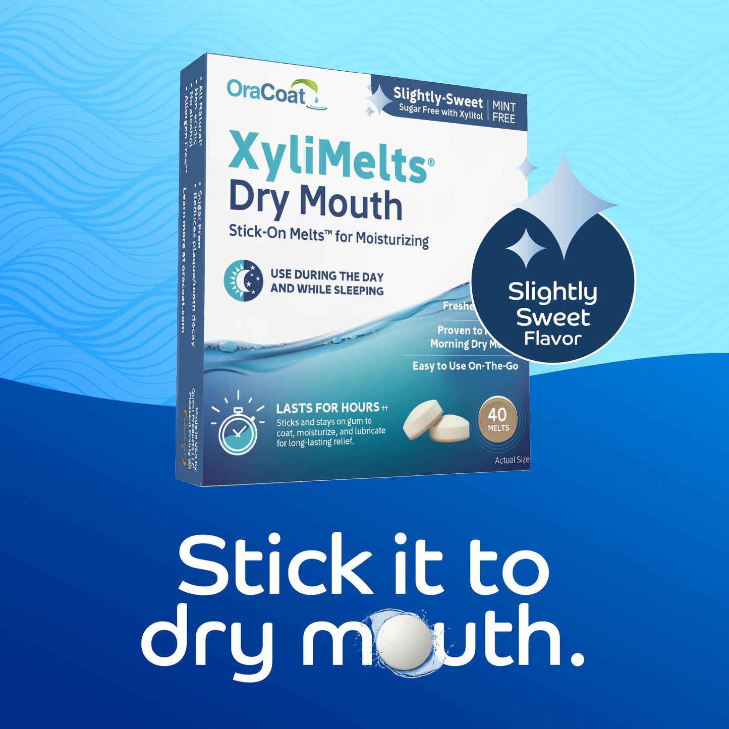 Oracoat XyliMelts for Dry Mouth Night Time or Day - Moisturizing Dry Mouth Adhering Discs, Sugar Free with Xylitol, 40 Count, Slightly-Sweet Flavor, 8-Hour Relief