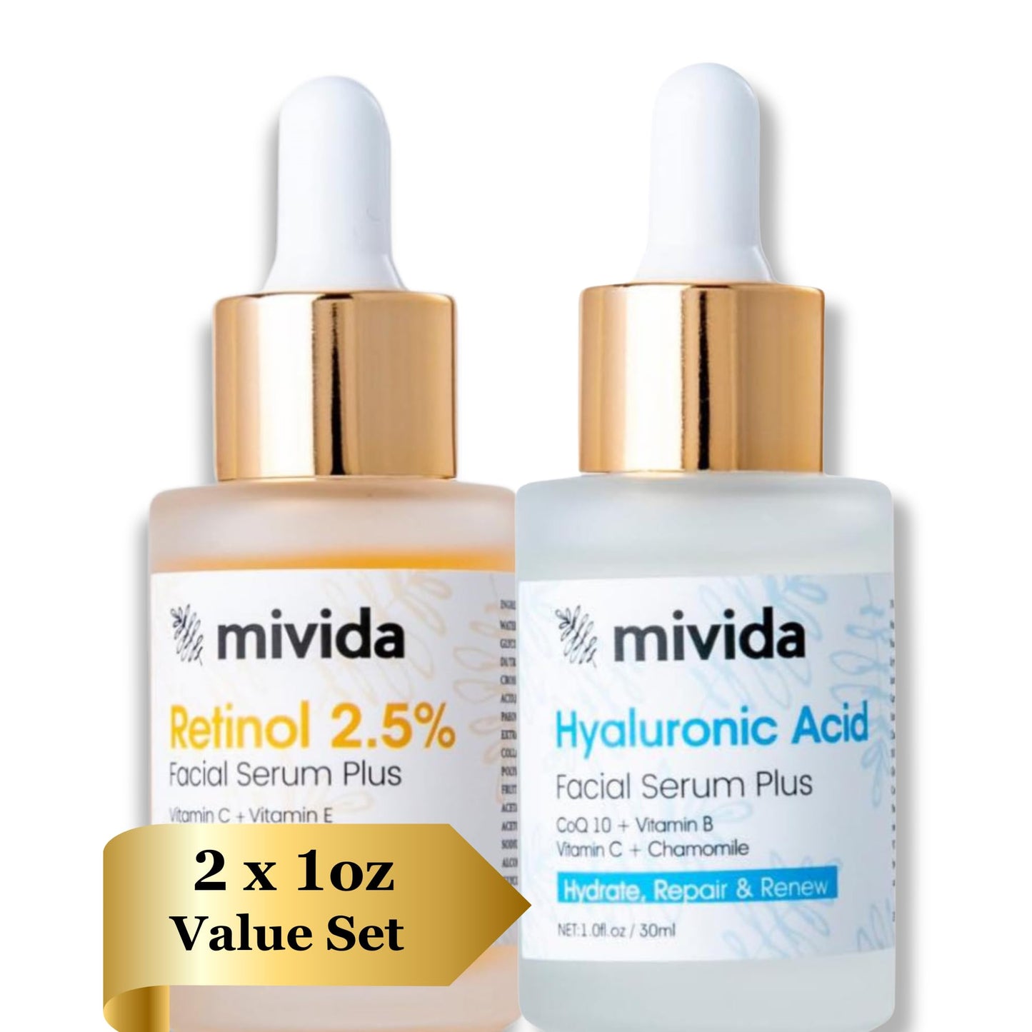 Mivida Anti-Aging Serum Set – 2.5% Retinol + Hyaluronic Acid Serum for Face – Duo Anti-Wrinkle, Lifting & Firming – Hydrating, Brightening, Collagen Boosting, Fragrance Free – 2x1 fl oz