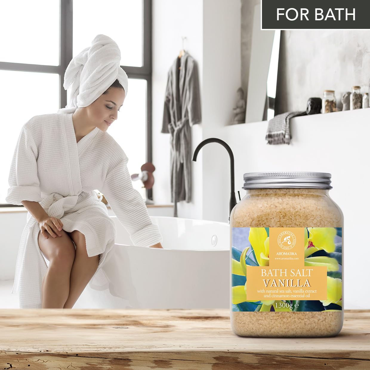 Bath Sea Salt Vanilla 46 Oz (1300g) - 100% Natural Sea Salt with Vanilla Extract & Cinnamon Essential Oil - Relaxing Bath - Beauty - Body Care - Relaxation - Good Sleep - Aromatherapy Bath Salts