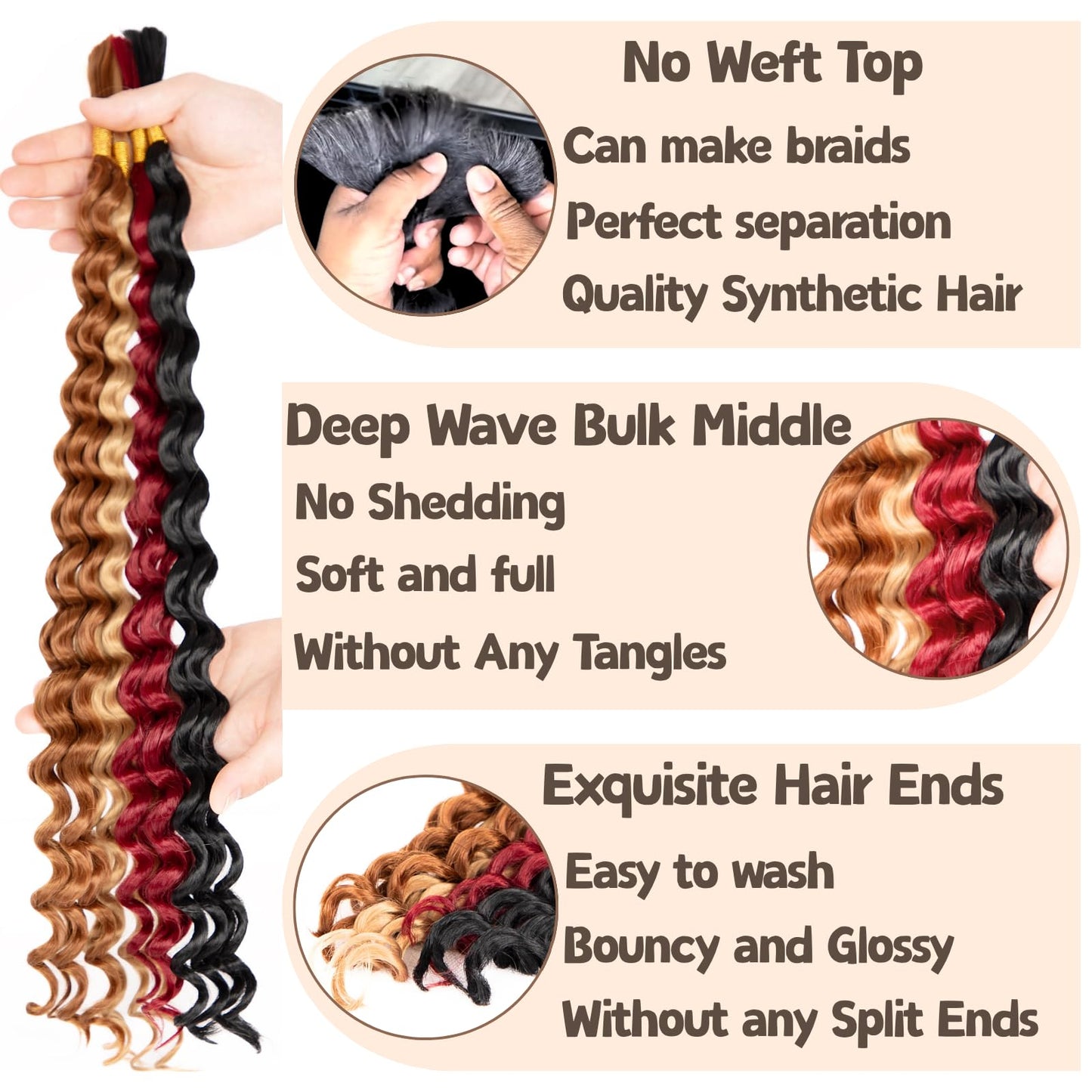Deep Wave Bulk Braiding Hair for Boho Braids No Weft Curly 4 Bundles 135g Wet and Wavy Faux Braiding Hair Extensions 20 inch Water Wave,(P1B/BUG/27/30 20inch)
