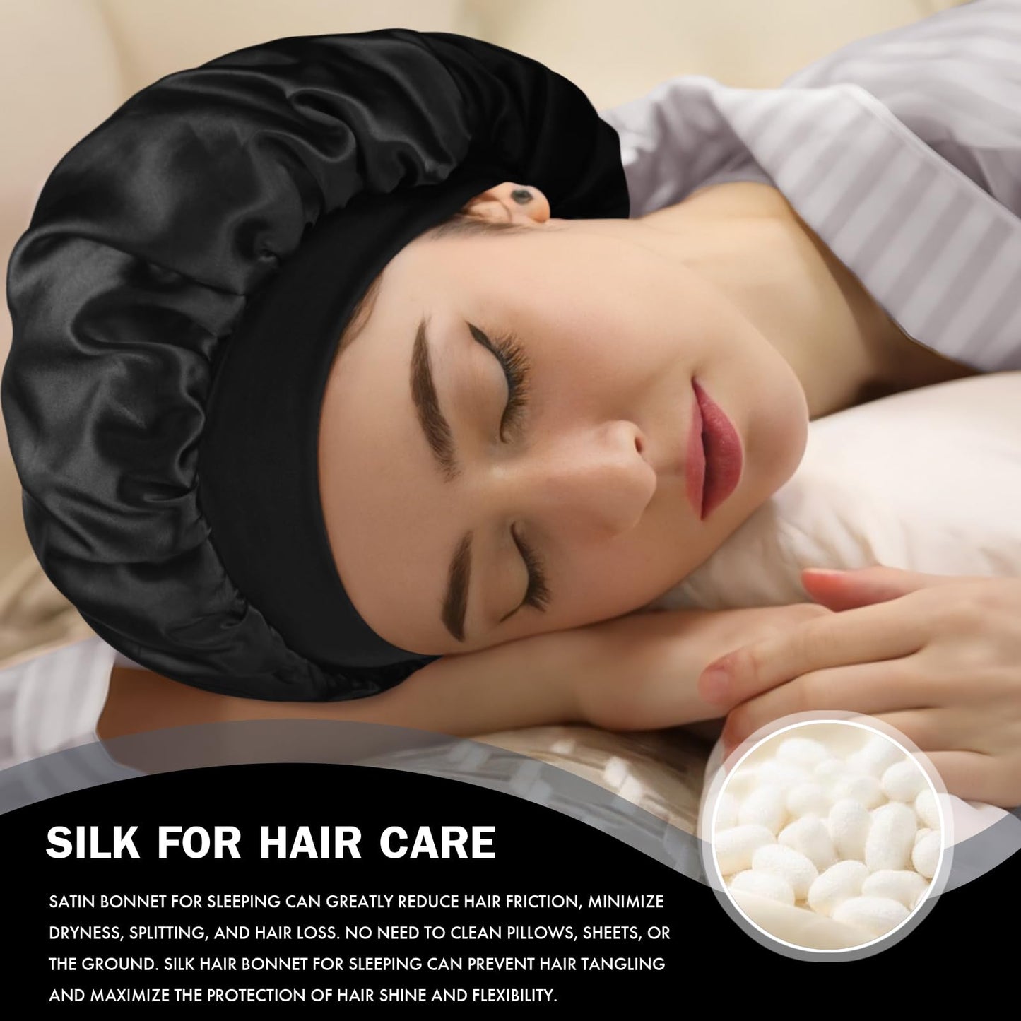 Doitory Satin Silk Bonnet for Sleeping, Double Layer Silk Sleep Cap for Men & Women, Soft Satin Lined Bonnet for Natural & Curly Hair(Black)