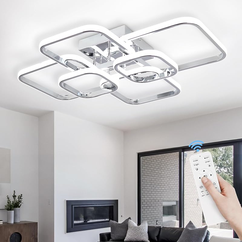 Sovinzert 31.5-Inch Modern LED Ceiling Light, 6-Square Dimmable with Remote, 3000K-6000K, Chrome Close-To-Ceiling Flush Mount, 60W - Chrome+6Rings