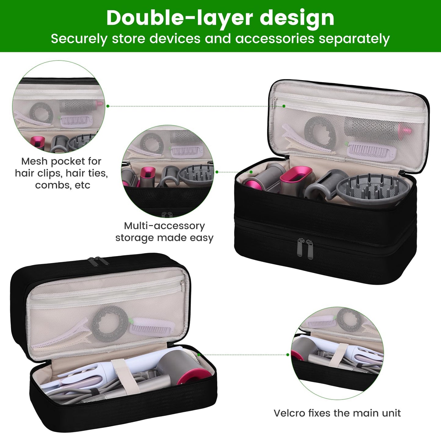 Vorlunix Travel Carrying Case for Hair Dryer，Double-walled Storage Compartment for Shark Flexstyle/FlexFusion，Portable Storage Organizer Bag for Dyson Airwrap Styler and Attachments