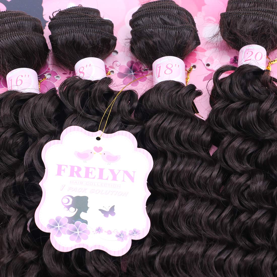 FRELYN Deep Wave Curly Synthetic Hair Weave Bundles - Black, 16-20 Inches, 4 Pack