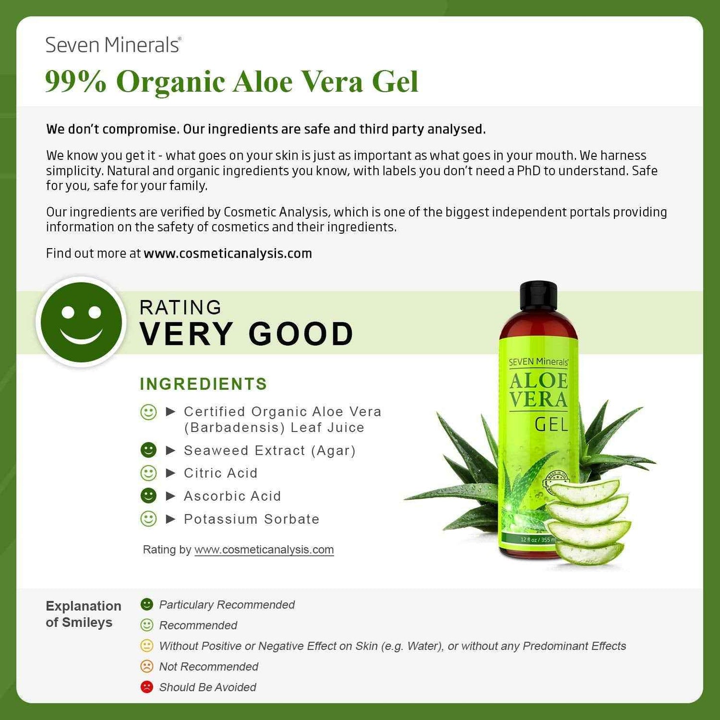 Seven Minerals Aloe Vera Gel - 99% Organic, Big 12 oz - NO XANTHAN, so it Absorbs Rapidly with No Sticky Residue - made from REAL JUICE, NOT POWDER