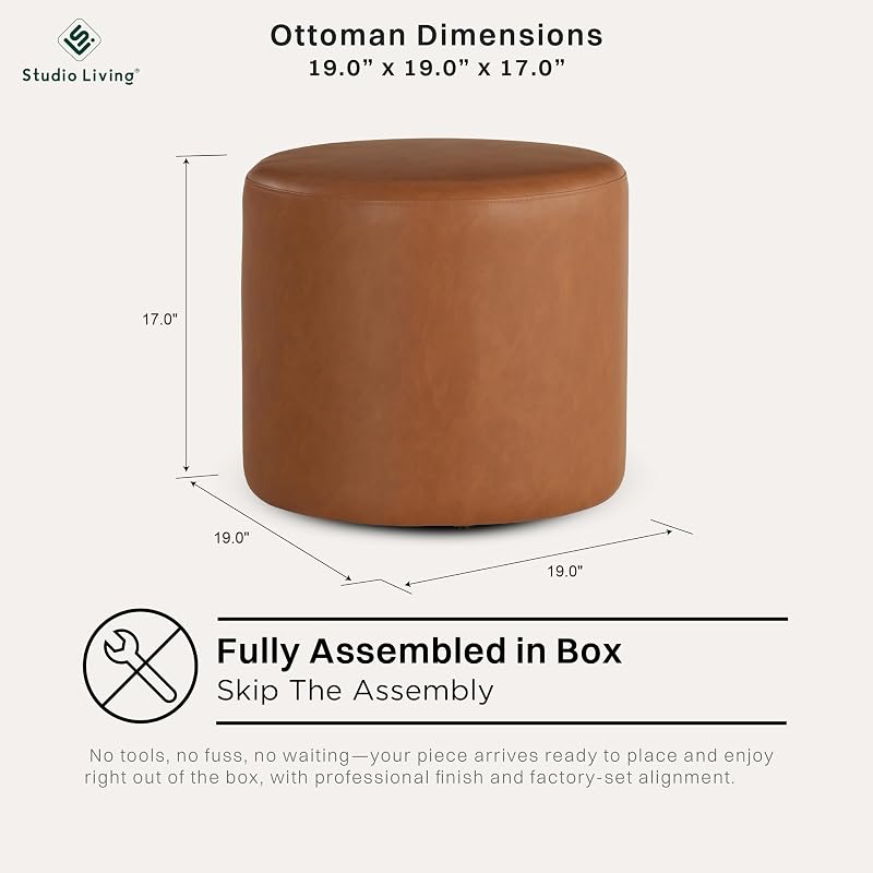 Wentworth 19” Round Faux Leather Ottoman Bench - Caramel Brown, Stationary Backless Footstool
