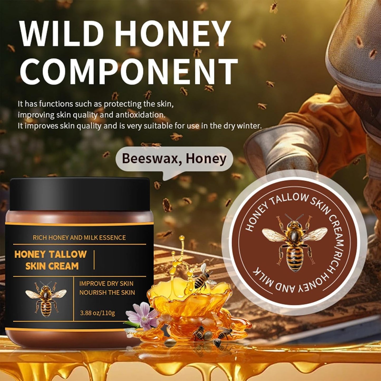 Marroomi Tallow Honey Balm, Tallow and Honey Balm for Face, 100% Organic Whipped Beef Tallows Face Moisturizer with Raw Honeys and Beeswax, Deep Nourishing (1Pcs)