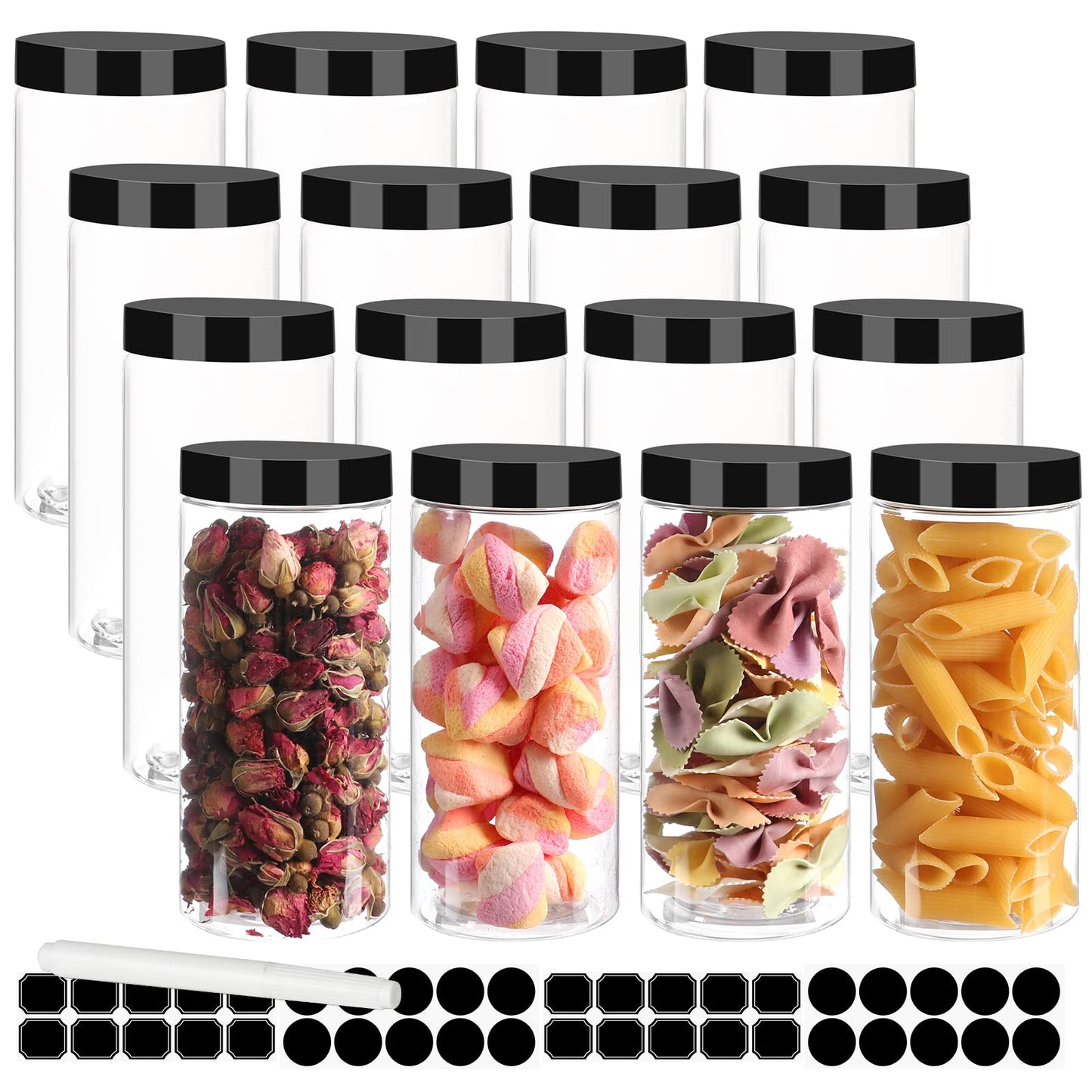 Keketin Plastic Jars with Lids 16 oz,16 Pack Clear Plastic Food Jars Empty Kitchen Storage Canisters,Refillable PET Slime Containers Ideal for DIY Crafts,Cosmetic Storage
