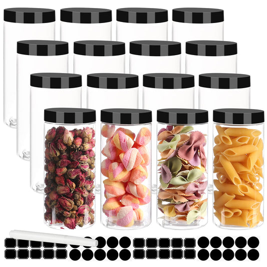 Keketin Plastic Jars with Lids 16 oz,16 Pack Clear Plastic Food Jars Empty Kitchen Storage Canisters,Refillable PET Slime Containers Ideal for DIY Crafts,Cosmetic Storage