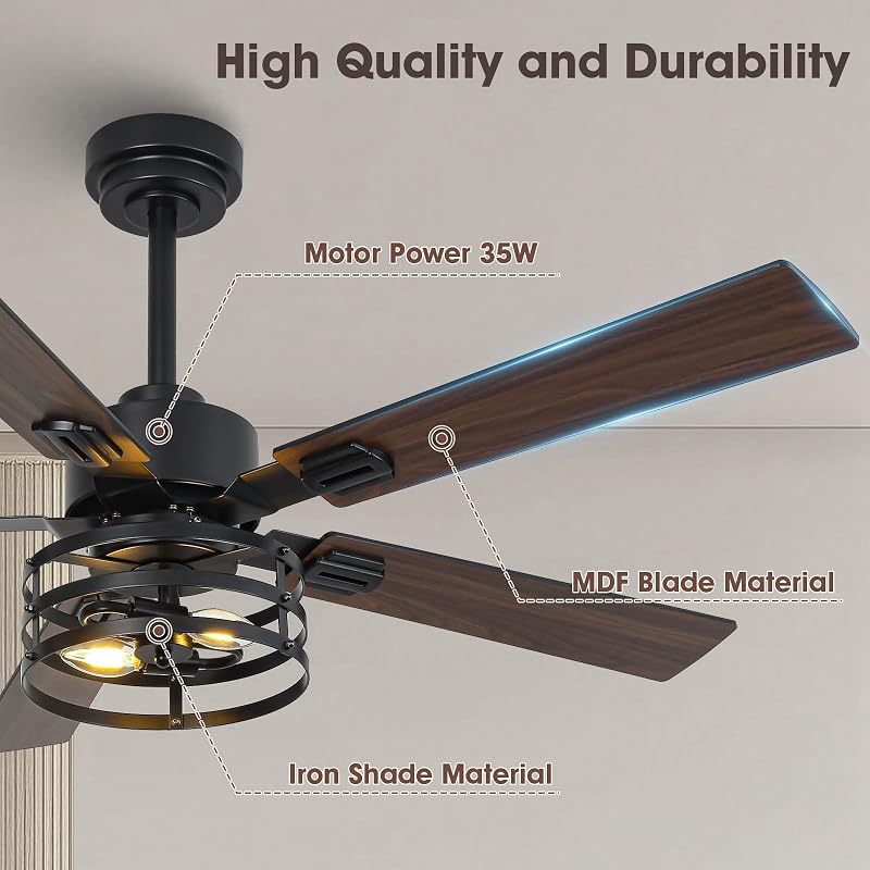 52 Inch Farmhouse Ceiling Fan with Light - Maple/Black, 6-Speed DC, Remote