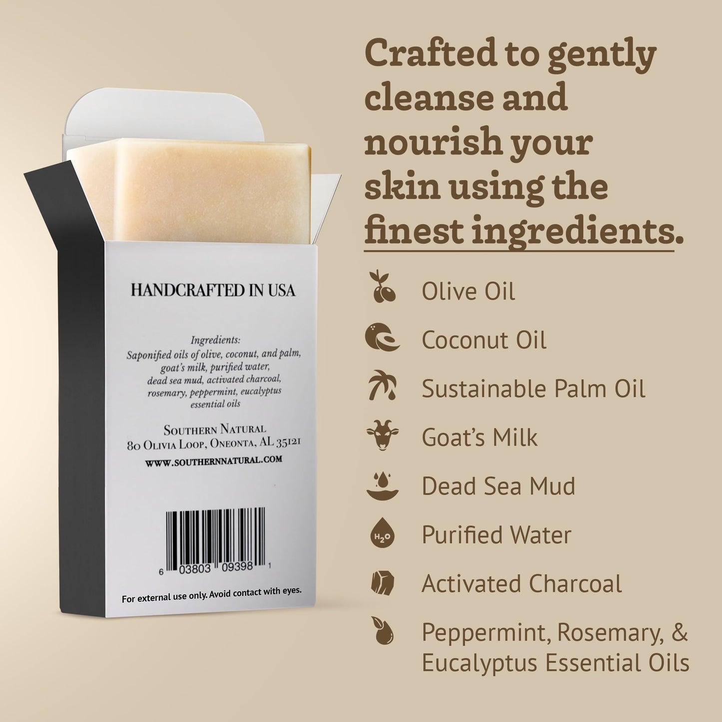 Southern Natural Handmade Activated Charcoal Soap Bar for Face & Body - Perfect for Sensitive Skin & Dry Skin Relief – With Dead Sea Mud, Goat Milk & Peppermint Essential Oil – 2 Pack, 4.5 oz