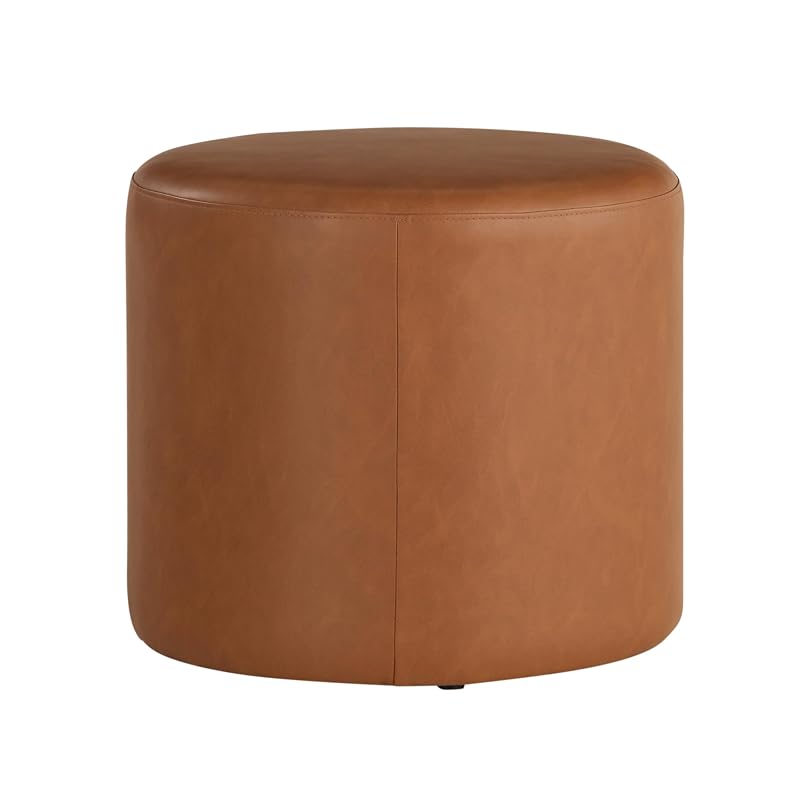 Wentworth 19” Round Faux Leather Ottoman Bench - Caramel Brown, Stationary Backless Footstool