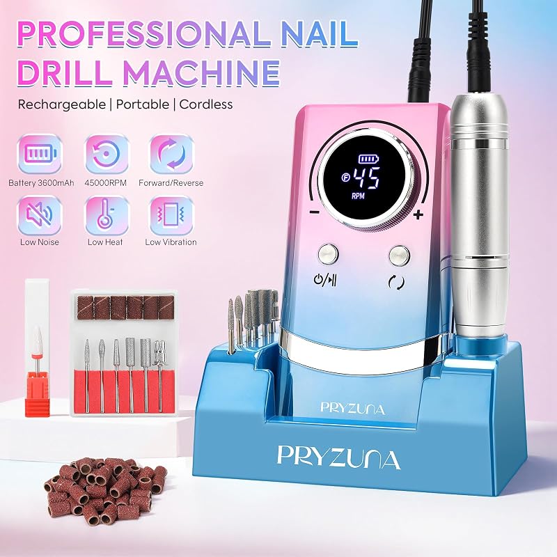 PRYZUNA Electric Nail Drill 45000RPM – Cordless Portable E-File with Gradient Variation