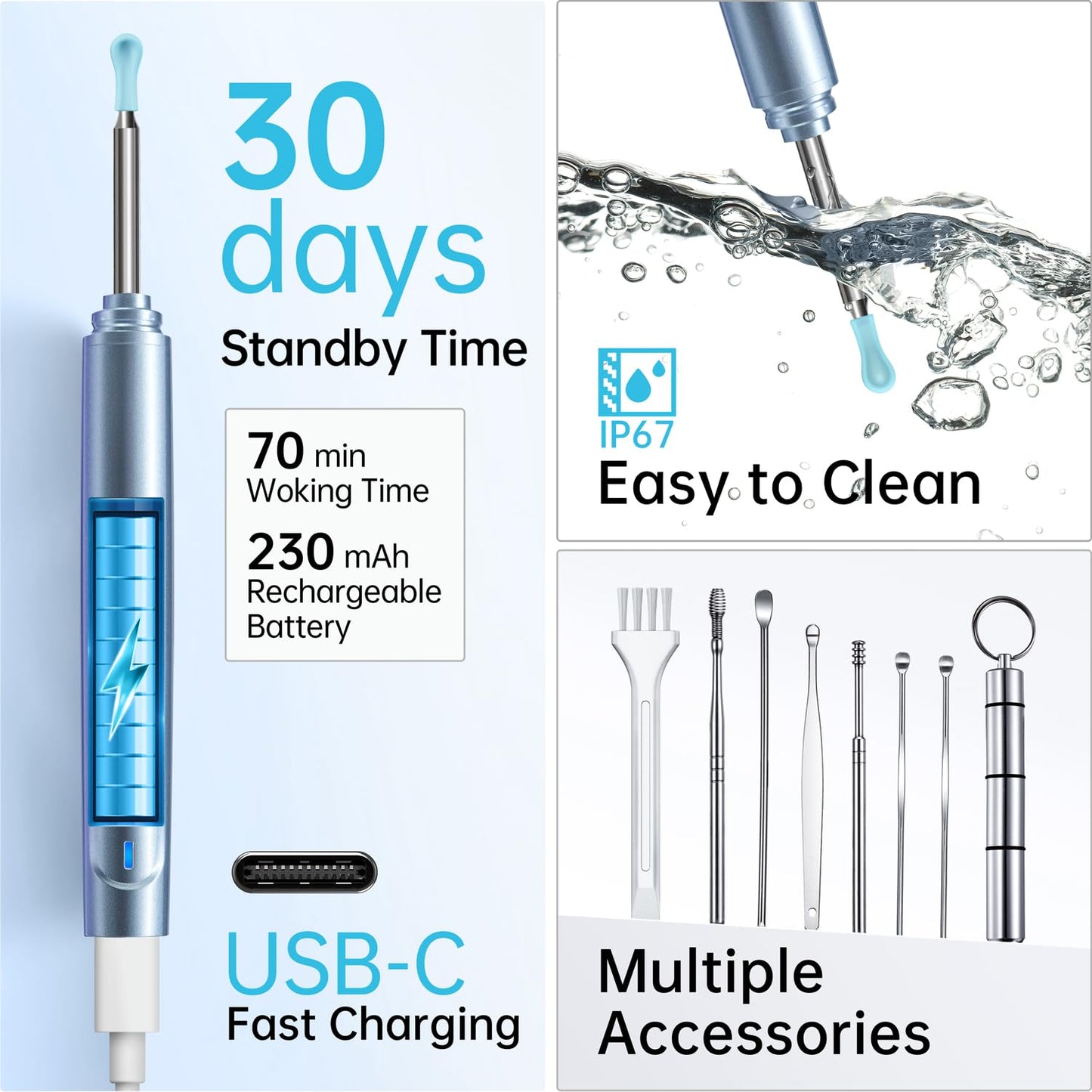 Ear Wax Removal Tool, Ear Cleaner with Camera, 1296P HD Camera and 6 LED Lights, Ear Cleaning kit with 10 Ear Pick Tips, Ear Wax Removal Kit for iOS and Android(Pale Blue)