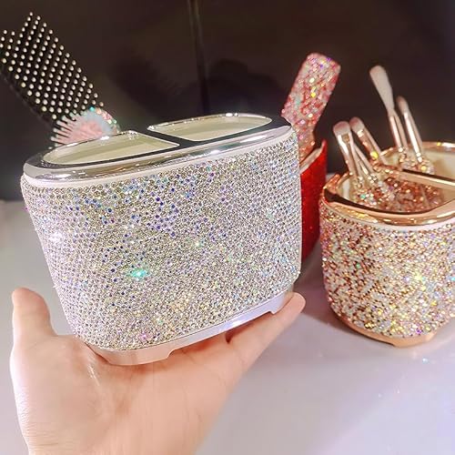 Luxury Bling Rhinestone-Embellished Makeup Organizer Box Storage ? Large Capacity Cosmetic Brush Lipstick Eyebrow Pencil Storage Box and Desktop Organizer Rack (Silver)