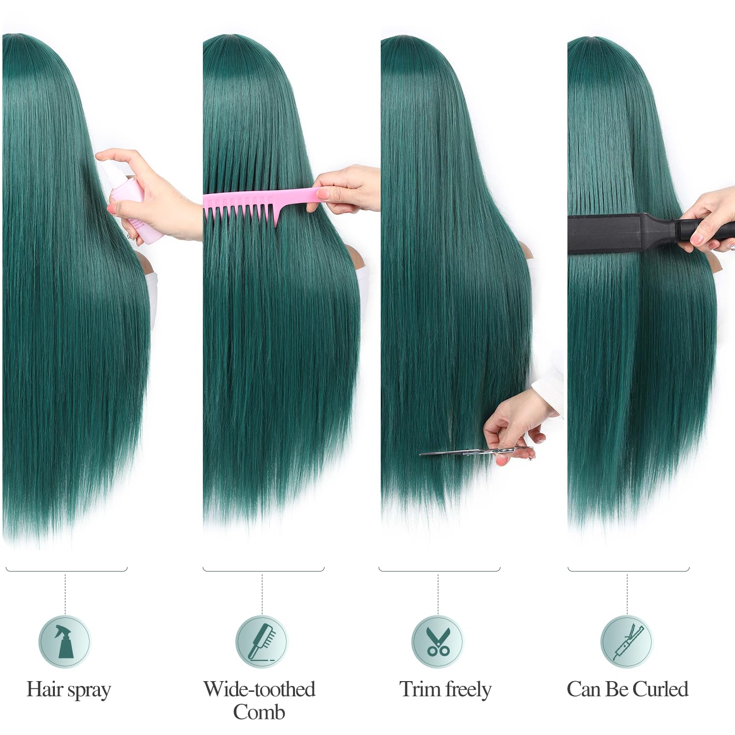 WIGER Long Green Wigs with Bangs Straight Dark Green Hair Wig for Women Long Bangs wig Full Green Cosplay Wig for Girls Synthetic Natural Hair for Daily or Costumes (Green with Bangs)