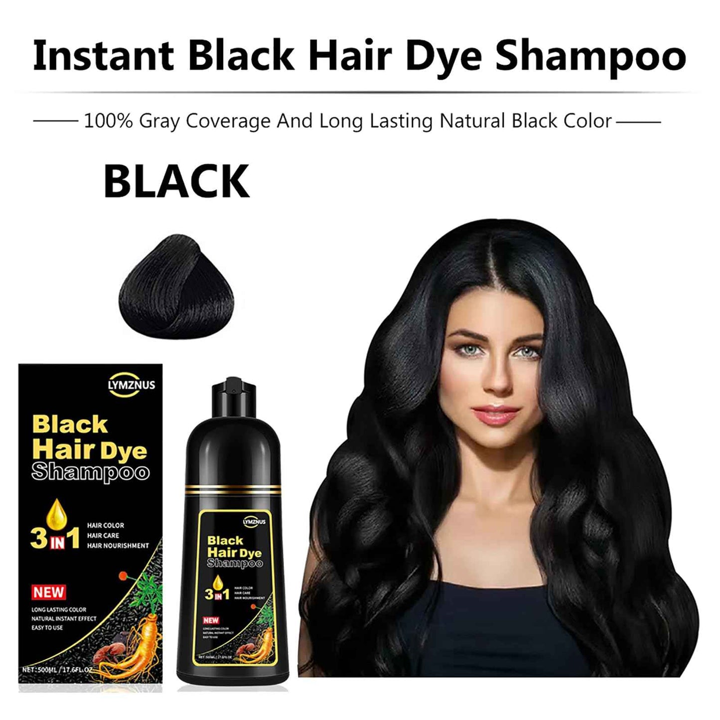 lymznus Herbal Black Hair Dye Shampoo 3 in 1 for Gray Hair, Instant Hair Color Shampoo for Women & Men, Black Hair Shampoo for 100% Grey Coverage 500ML