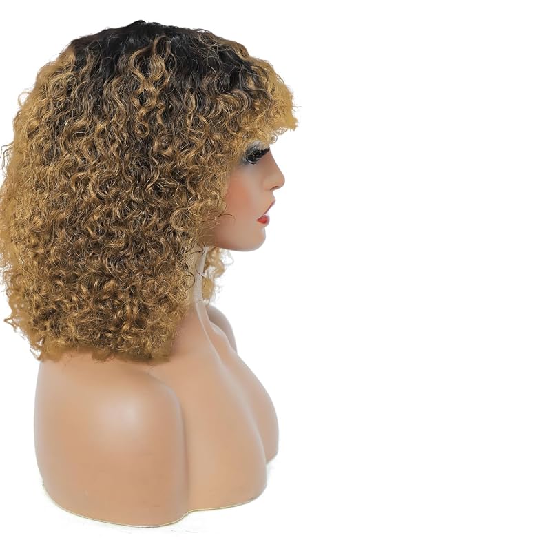 Ombre Short Curly Human Hair Wig with Bangs - Glueless, Brushable 100% Brazilian Hair (T1B/30#) - For Black Women