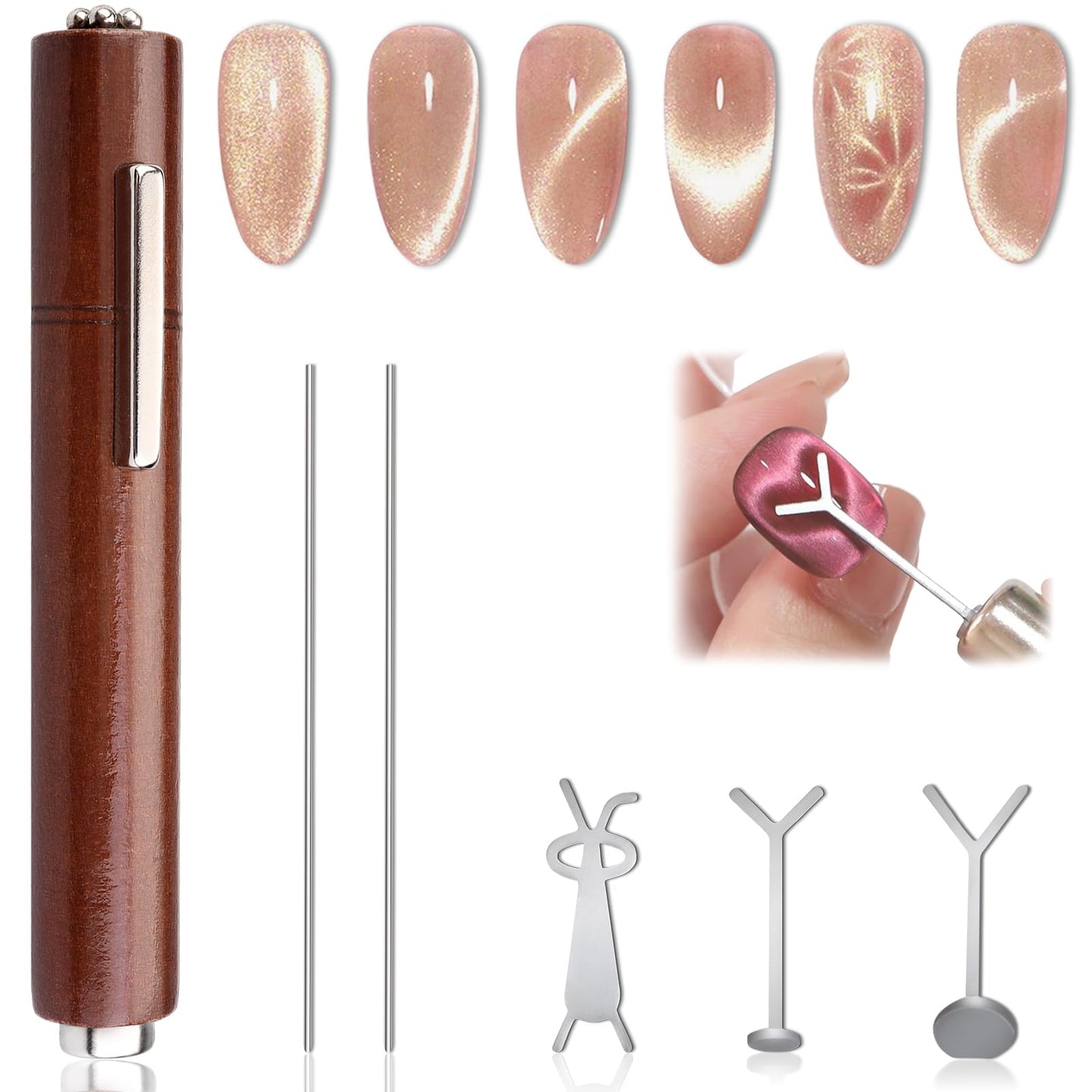 FOWSRHRG 3 in 1 Cat Eye Nail Magnet Set, Multifunctional Wooden Handle Nail Magnet, Heart Magnet for Nails, Rabbit Shape Cat Eye Magnet for Nails, Long Strip Magnets Tool for Nail Art DIY at Home