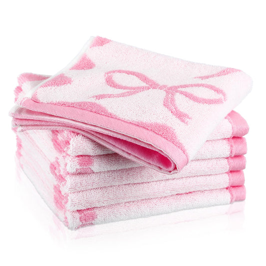 Coume 6 Pcs Pink Bow Washcloths 100% Cotton Wash Cloths 13" x 13" Coquette Small Face Towels Absorbent Soft Preppy Wash Cloths & Hand Bath Towels for Bathroom, Spa, Kitchen Drying Cleaning