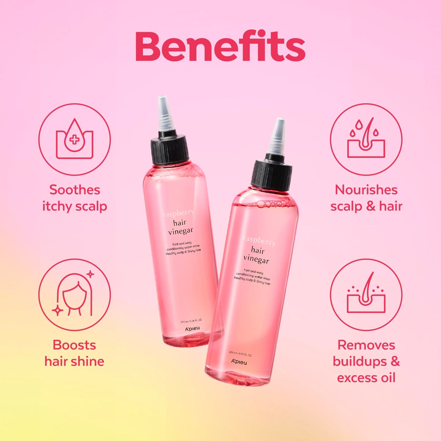 A’PIEU Raspberry Hair Vinegar - Scalp Cleanser & Detox for Oily Scalp, Buildup & Dandruff, pH-Balancing Rinse for Fresh, Shiny Hair, Korean Hair Care, 6.76 fl oz