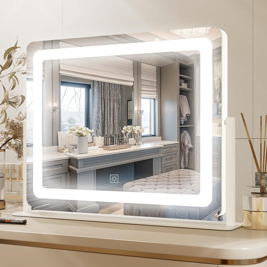 PRIMETEK Vanity Mirror with Lights, 22"x19" Large Makeup Mirror with Lights, Hollywood LED Lighted Makeup Mirror, Touch Sensor with 3-Color Lighting, Dimmable for Vanity Desk Tabletop, Bedroom, White