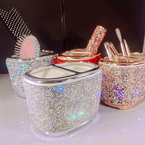 Luxury Bling Rhinestone-Embellished Makeup Organizer Box Storage ? Large Capacity Cosmetic Brush Lipstick Eyebrow Pencil Storage Box and Desktop Organizer Rack (Silver)