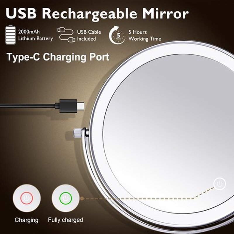 Amelar 1X/15X Wall Mounted Makeup Mirror with Hook, USB Rechargeable LED 3 Color Lights Two Sided 8 Inch Magnifying Mirror, Touch Switch Intelligent Shutdown 360° Vanity Mirror for Bathroom Hotel