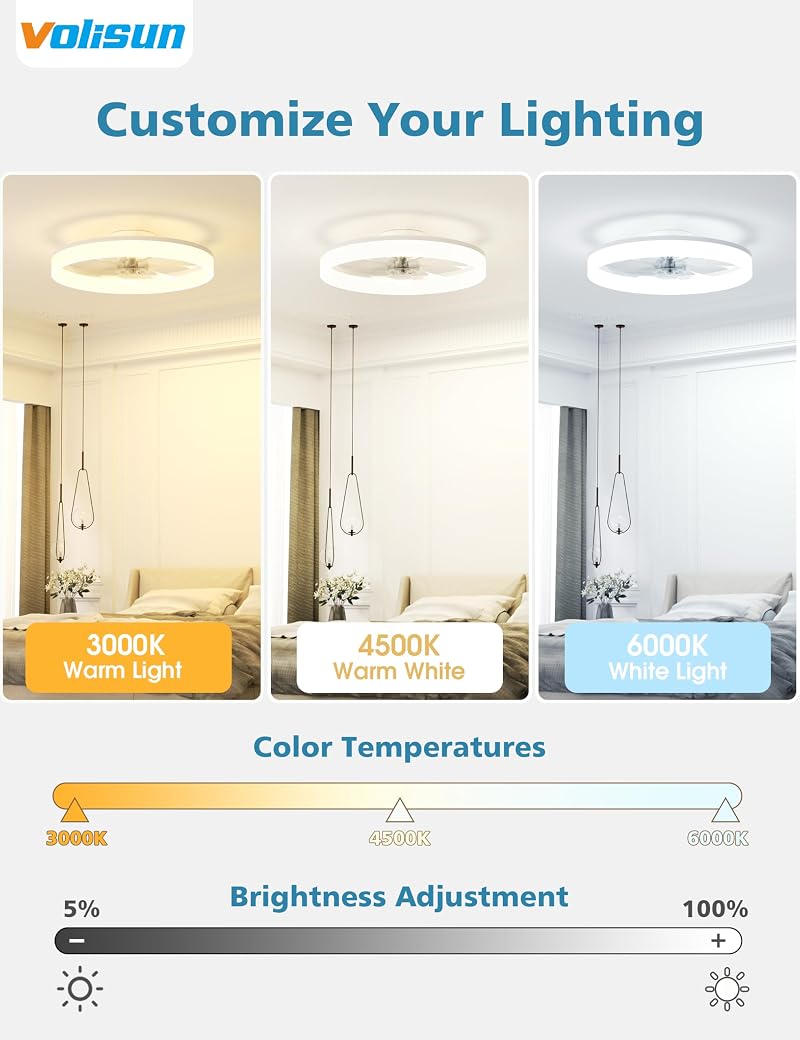 VOLISUN White 20 Inch Low-Profile Ceiling Fan with Lights, Remote, 3000K-6500K Dimmable, Flush Mount Variation: White+20 INCH