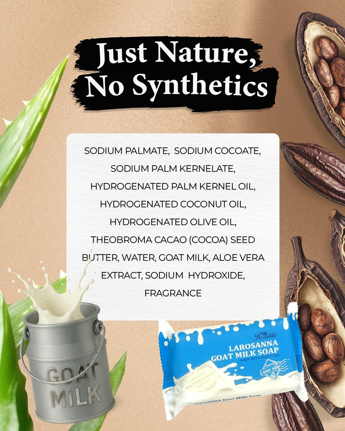 larosanna Australian Goat Milk Soap,Helps Moisturize,Smooth & Cleanse Skin,Triple-milled Bar Soap with Cocoa Butter,Aloe Vera and Pure Plant Oil,Body Soap Bars 6.3 oz for Adults & Babies,Pack of 4