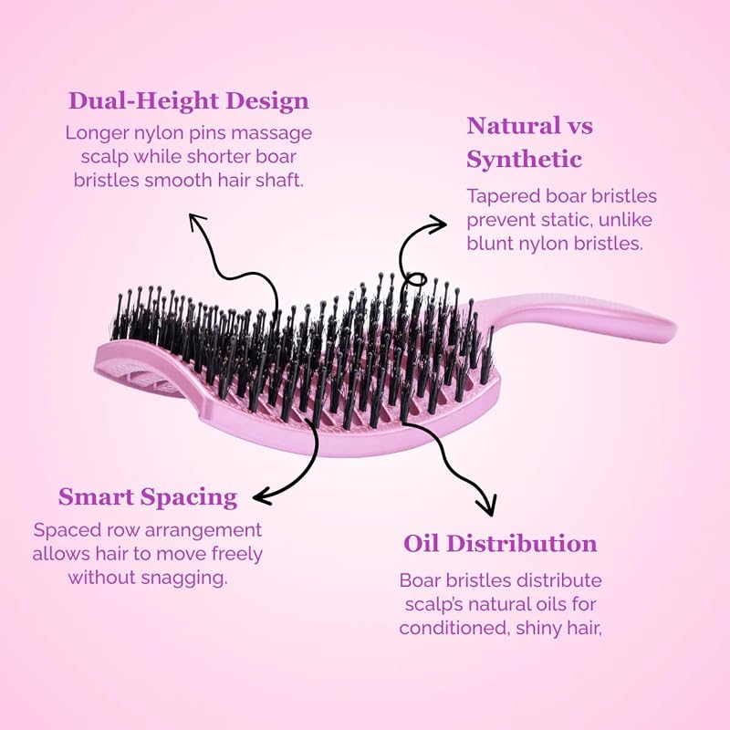 Happy Detangler Paddle Brush with Boar Bristles & Nylon Pins - Pink