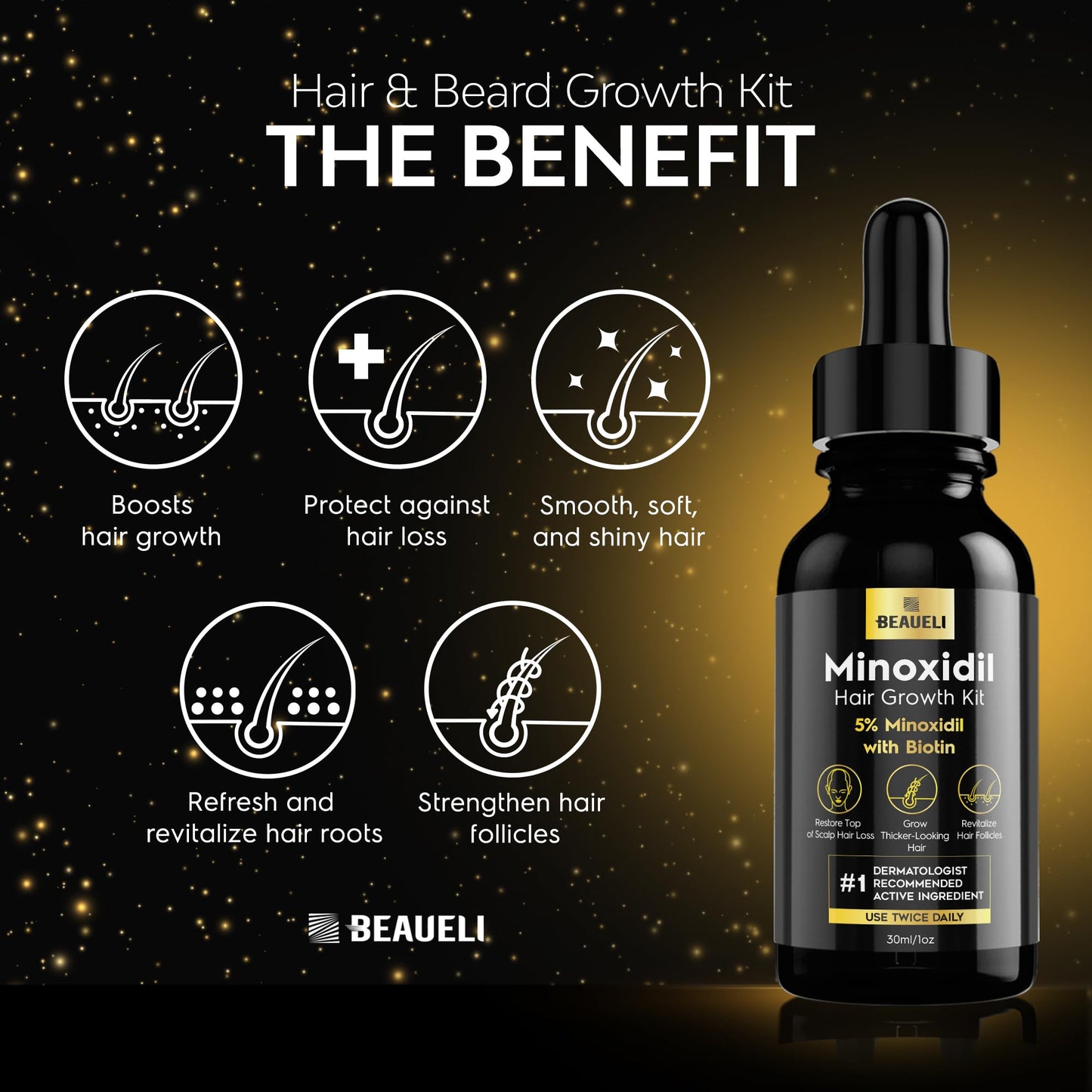 beaueli Minoxidil for Men Beard Growth Kit, Minoxidil for Women Hair Growth Kit, Hair Loss Treatments for Women Hair Regrowth Treatment, Minoxidil 5%, Black